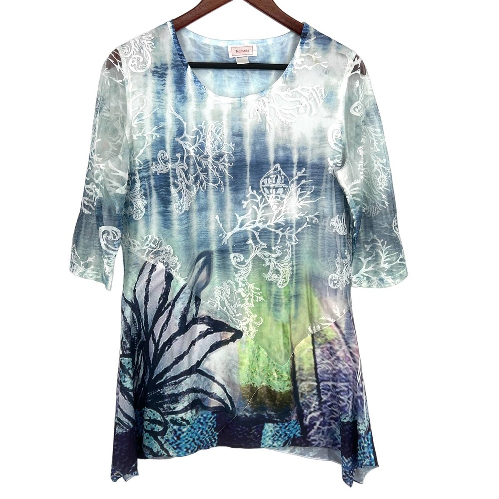 Kamana Womens Size Medium Sparkly Ocean Beach Tropical Blouse Shirt Top Coral